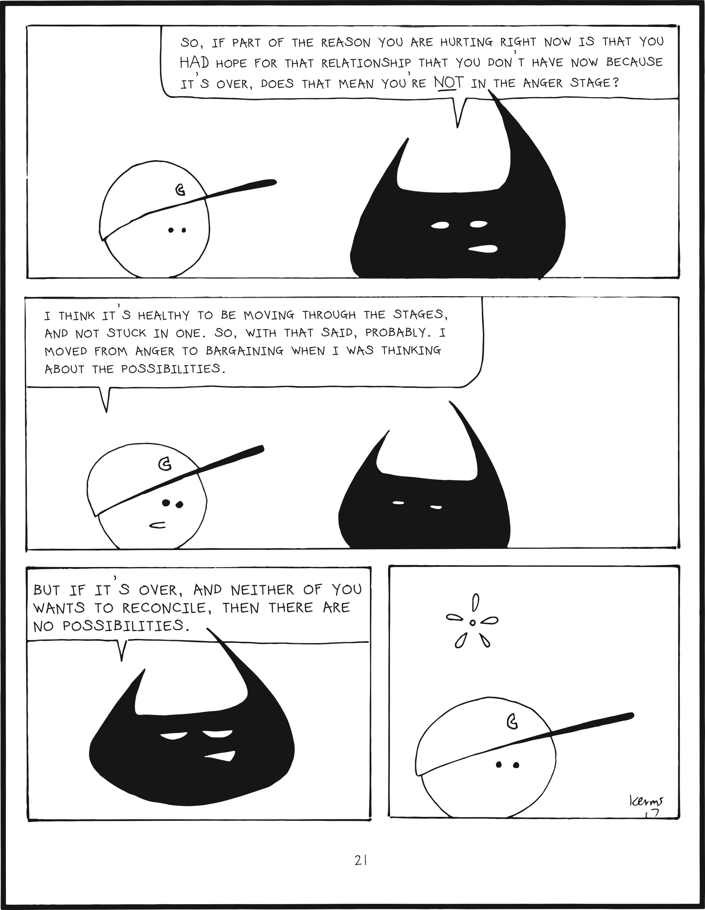 badbrain 21.
panel 1. badbrain says so, if part of the reason you are hurting right now is that you HAD hope for that relationship that you don't have now because it's over, does that mean you're NOT in the anger stage?
panel 2. mainbrain says, I think it's healthy to be moving through the stages, and not stuck in one. So, with that said, probably. I moved from anger to bragaining when I was thikning about the possibilities.
panel 3. badbrain says but if it's over, and neither of you wants to reconcile, then there are no possibilities.
panel 4. mainbrain is perplexed.