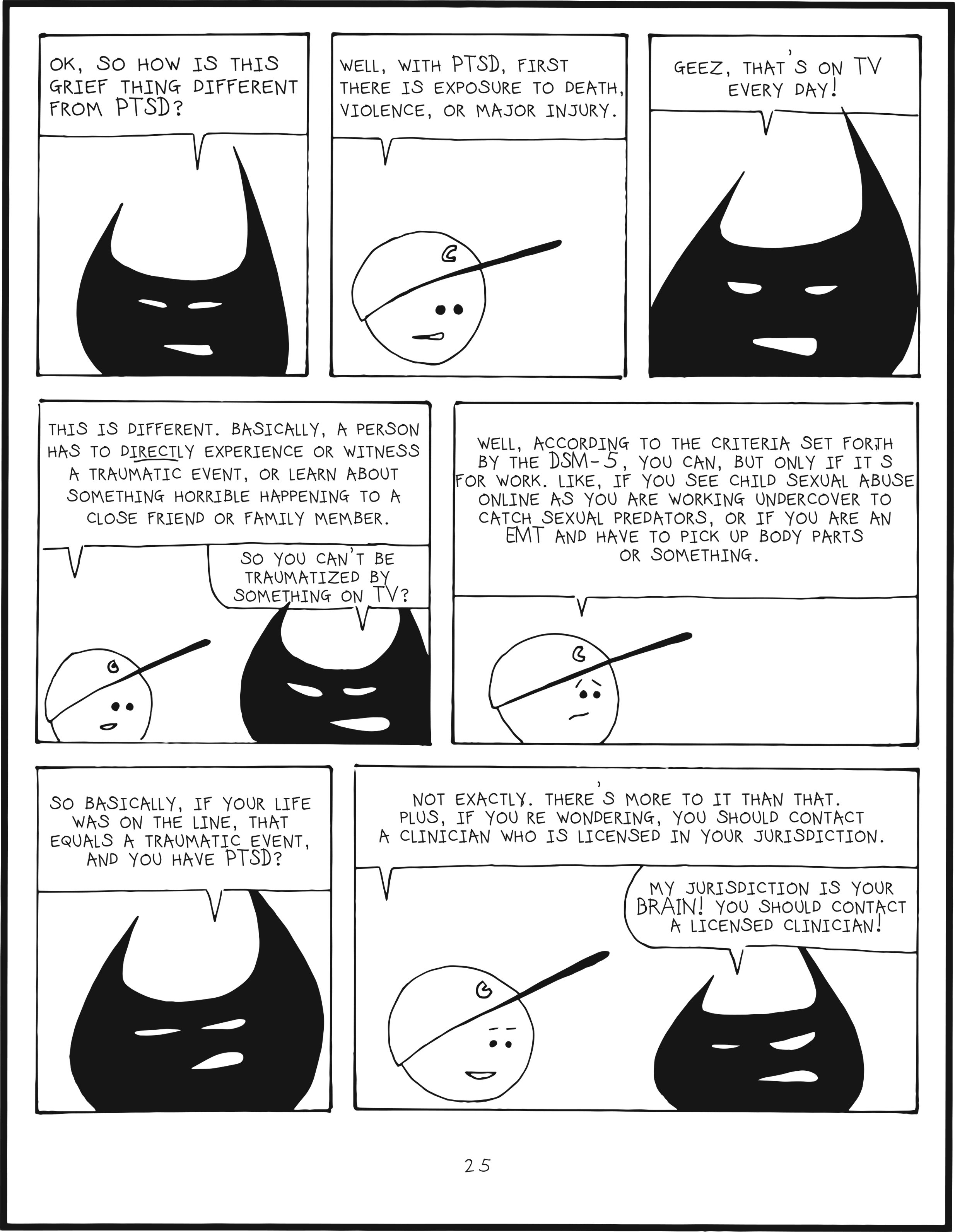 badbrain 25.
panel 1. badbrain says, ok so how is this grief thing different from PTSD?
panel 2. mainbrain says, well, with PTSD, first there is exposure to death, violence, or major injury.
panel 3. badbrain says, geez, that's on tv every day!
panel 4. mainbrain says, this is different. baically, a person has to DIRECTLY experience or witness a traumatic event, or learn about something horrible happening to a close friend or family member. badbrain says, so you can't be traumatized by something on TV?
panel 5. mainbrain says well, according to the criteria set forth by the DSM-5, you can, but only if it is for work. Like, if you are working undercover to catch sexual predators, or if you are an EMT and have to pick up body parts or something.
panel 6. badbrain says, so basically, if your life was on the line, that equals a traumatic event, and you have PTSD?
panel 7. mainbrain says, not exactly. There's more to it than that. Plus, if you're wondering, you should contact a clinician who is licensed in your jurisdiction. badbrain says my juristdiction is your BRAIN! you should contact a licensed clinician!