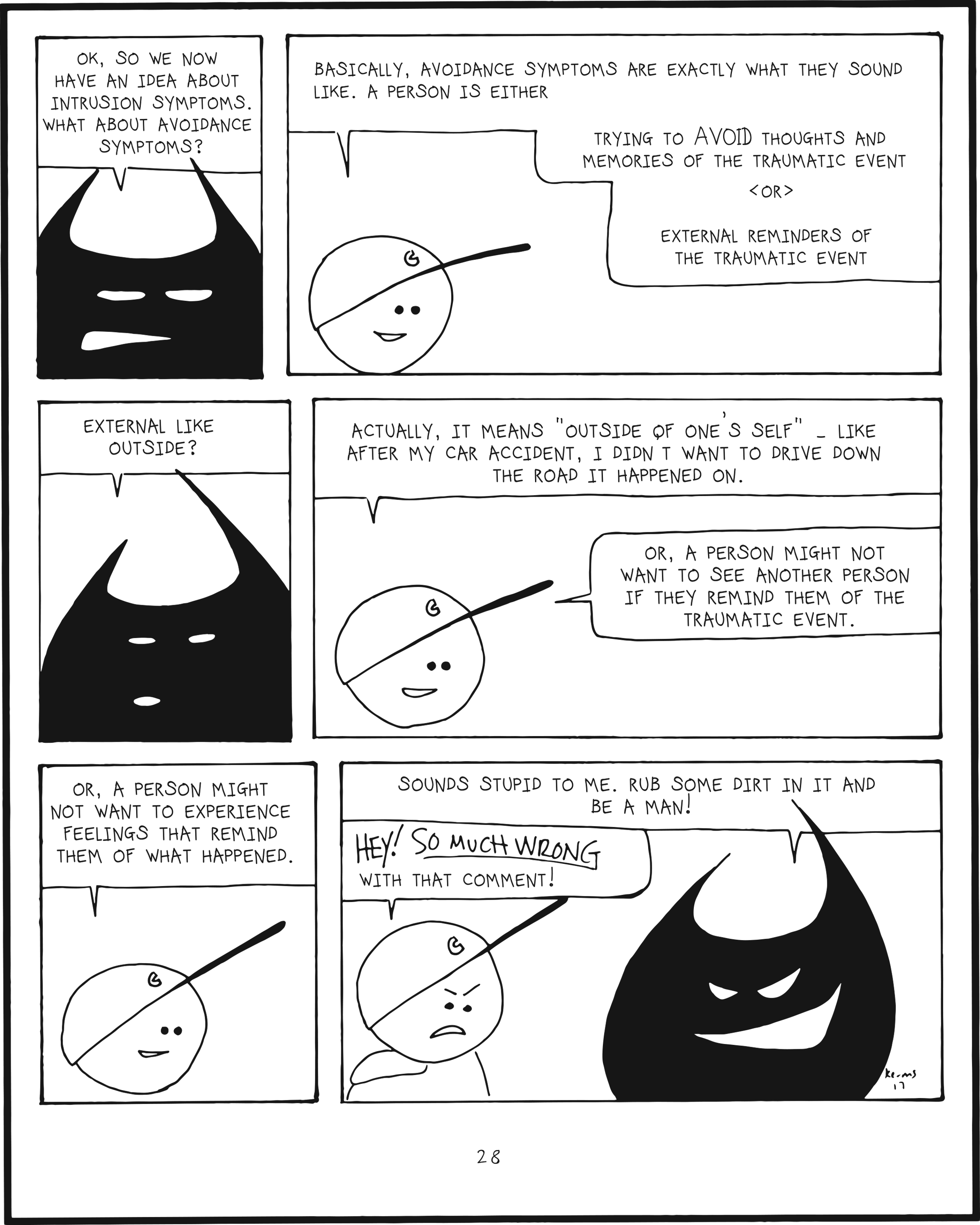 badbrain 28.
panel 1. badbrain says, ok, so we now have an idea about intrusion symptoms. what about avoidance symptoms?
panel 2. mainbrain says, basically, avoidance symptoms are exactly what they sount like. a person is either trying to AVOID thoughts and memories of the traumatic event or external reminders of the traumatic event.
panel 3. badbrain says, external like outside?
panel 4. mainbrain says, actually, it means outside of one's self - like after my car accident, I didn't want to drive down the road it happened on. Or, a person might not want to see another person if they remind them of the traumatic event.
panel 5. or, a person might not want to experience feelings that remind them of what happened.
panel 6. badbrain says, sounds stupid to me. rub some dirt in it and be a man! mainbrain shouts, HEY! SOmuchwrong with that comment!
